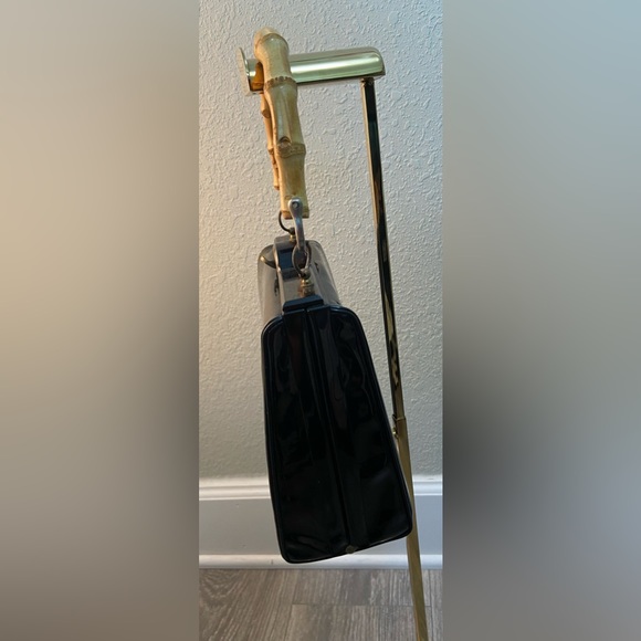 Vintage Evening Black Patent Vinyl Top Handle Handbag Purse, Bamboo Handle - Picture 3 of 11